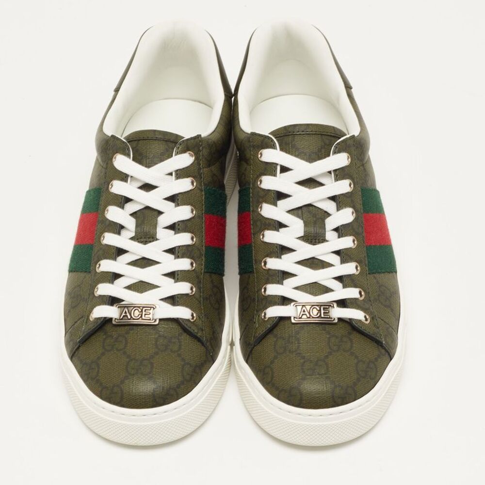 Gucci Ace Gg Supreme Size 40 Dark Green Coated Canvas And Leather Web Low Top - Picture 3 of 7